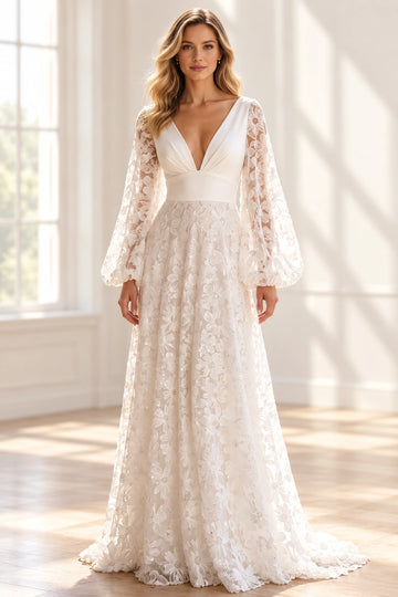 Vedress floral lace A-line wedding dress with a deep V-neck, sheer bishop sleeves and a wide waistband, front view