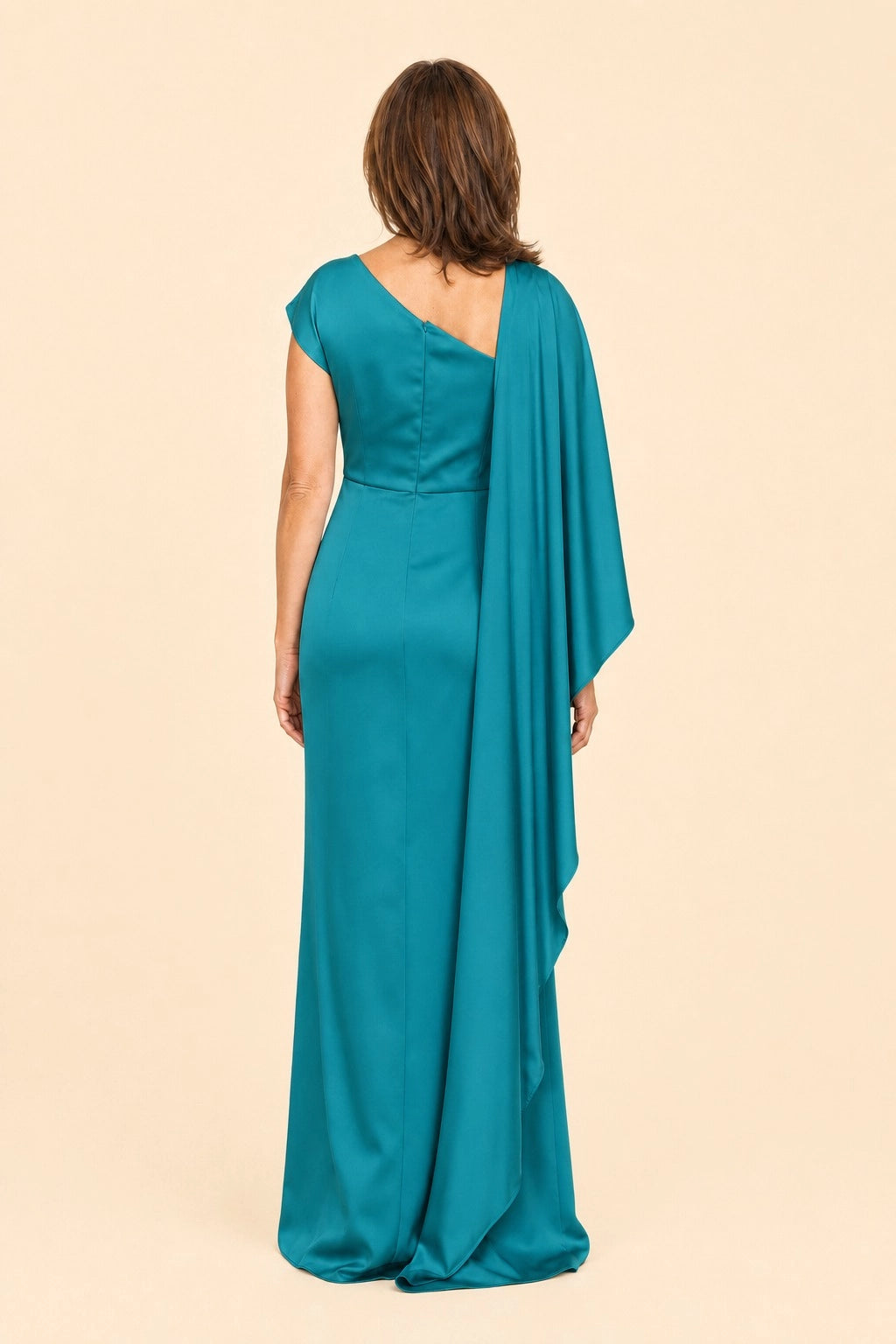 Vedress teal satin formal gown back view,asymmetrical V‑cut back,hidden zipper,long draped cape panel,fitted floor‑length mermaid silhouette,neutral backdrop