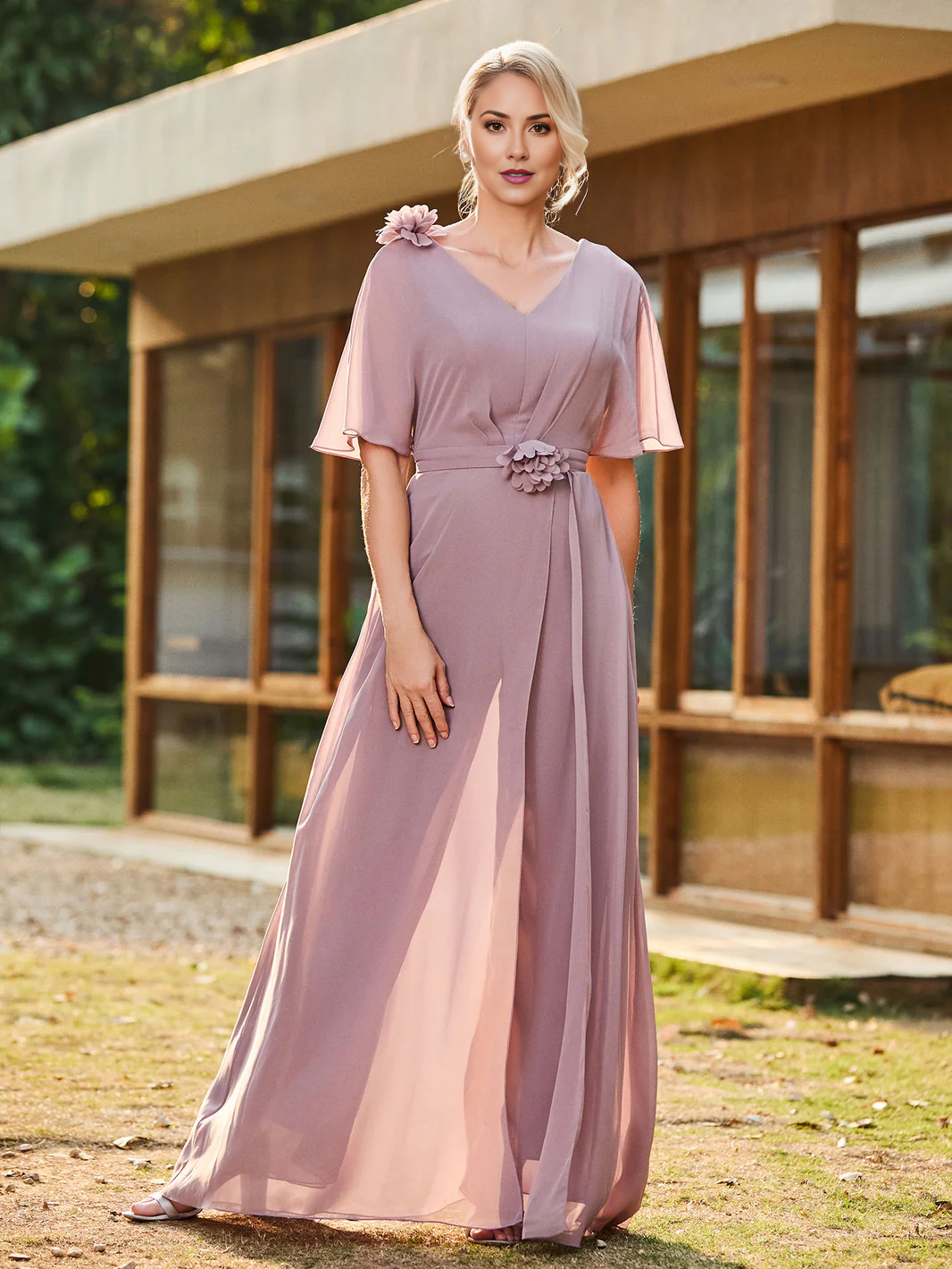 Chiffon V-Neck Mother of the Bride Dress, Short Flutter Sleeve Formal Evening Gown