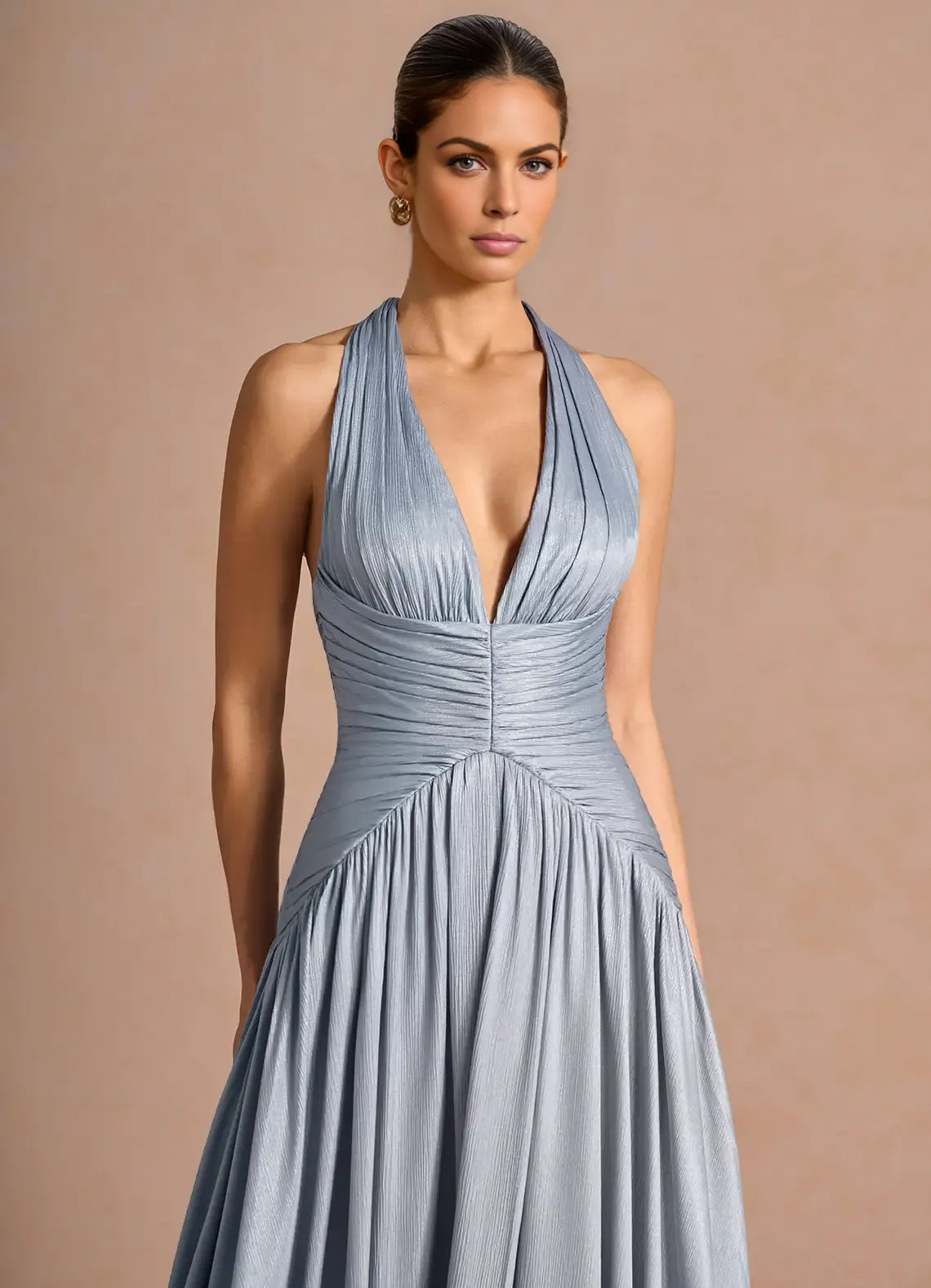 Elegant A-line Halter Sleeveless Maxi Lace-up Slit Formal Wedding Guest Dress