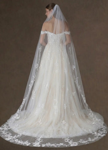 Romantic Sheer Tulle Floral Lace Cathedral Length Bridal Wedding Veil