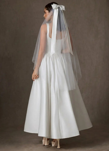 Charming Sheer Tulle Satin Bow Two-Tier Waist Length Bridal Wedding Veil