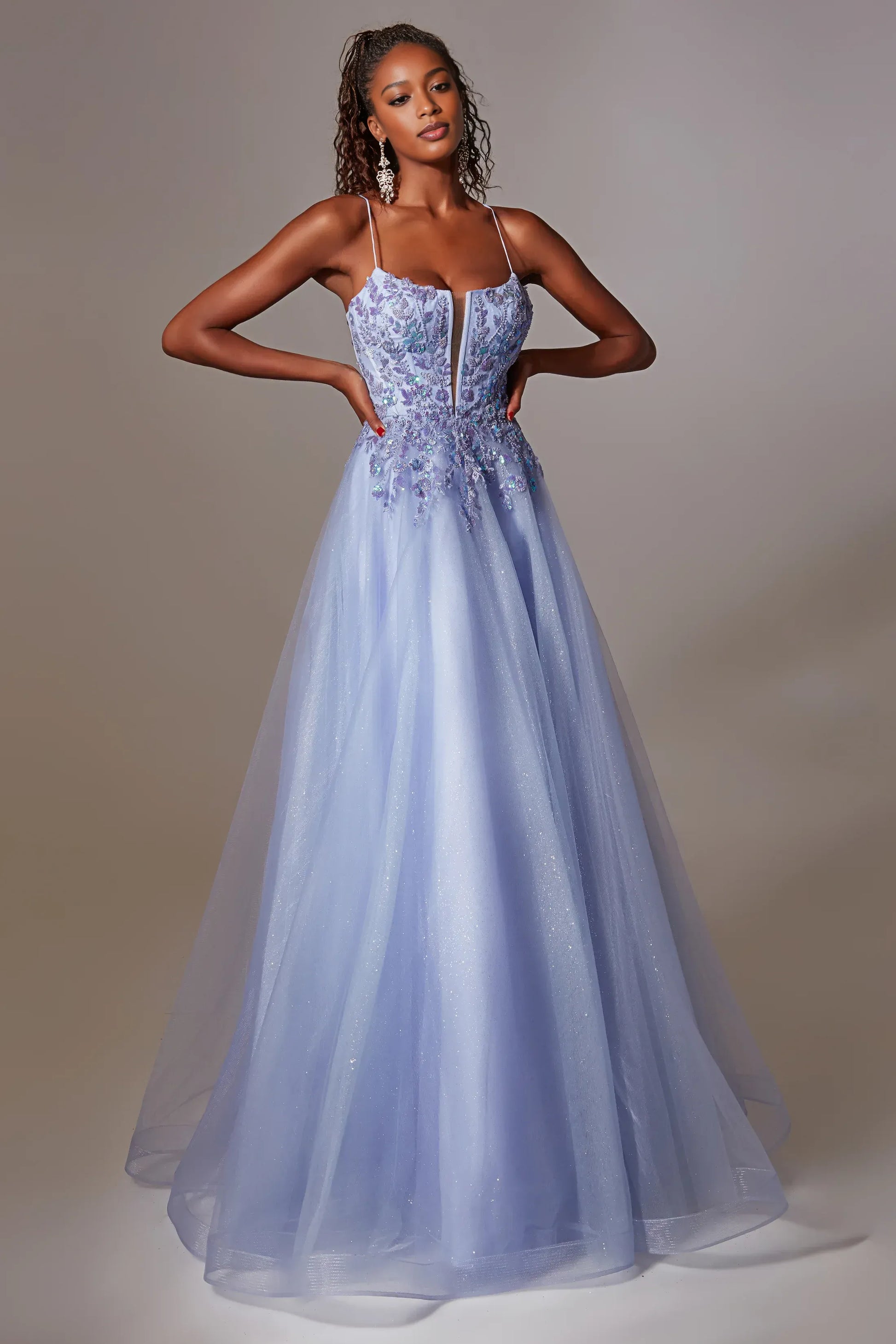 Romantic A-Line Plunging V-Neck Sleeveless Tulle Applique Lace-Up Prom Gown
