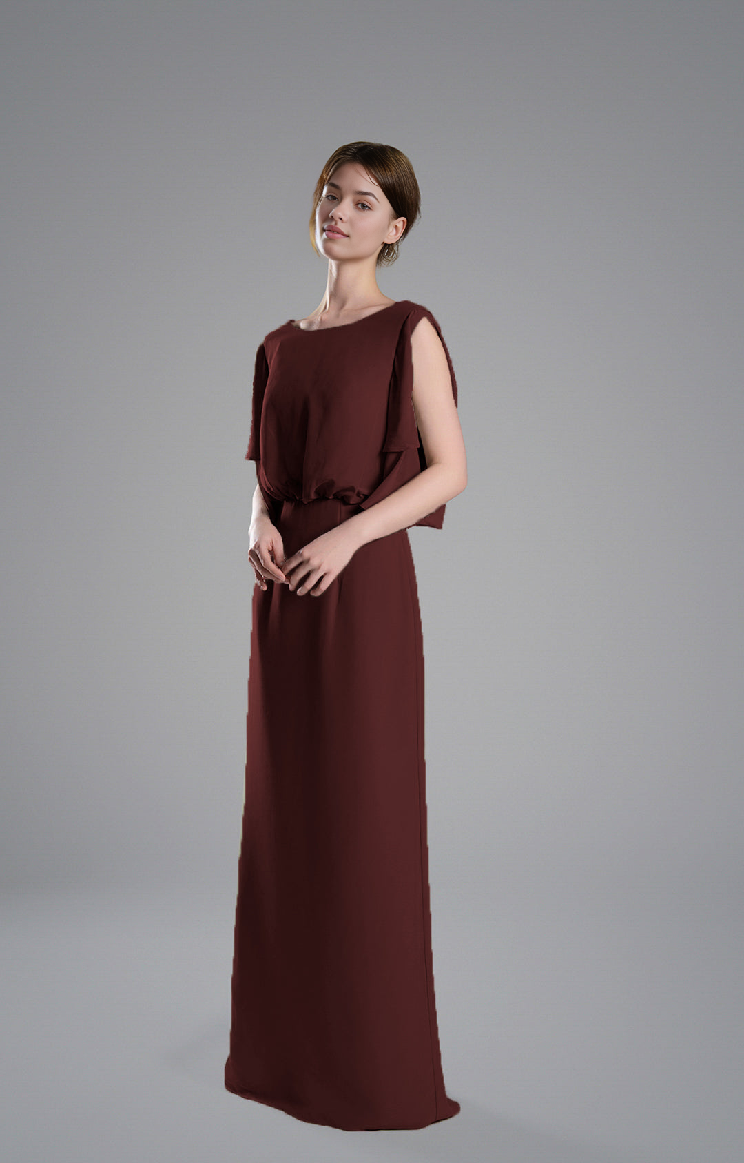 Elegant Sheath Boat Neck Flutter Sleeve Open Back Floor-Length Bridesmaid Wedding Guest Dresses