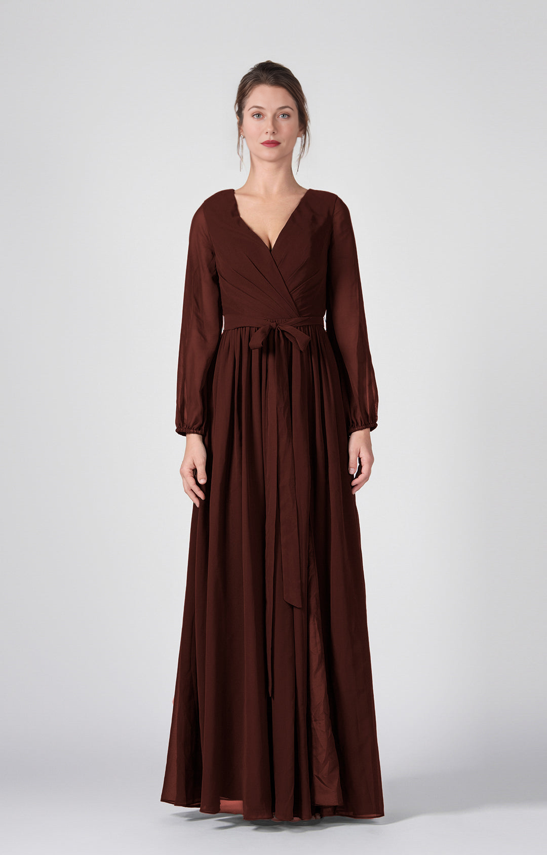 Elegant A-Line V-Neck Long Sheer Sleeve Open Back Floor-Length Bridesmaid Wedding Guest Dresses