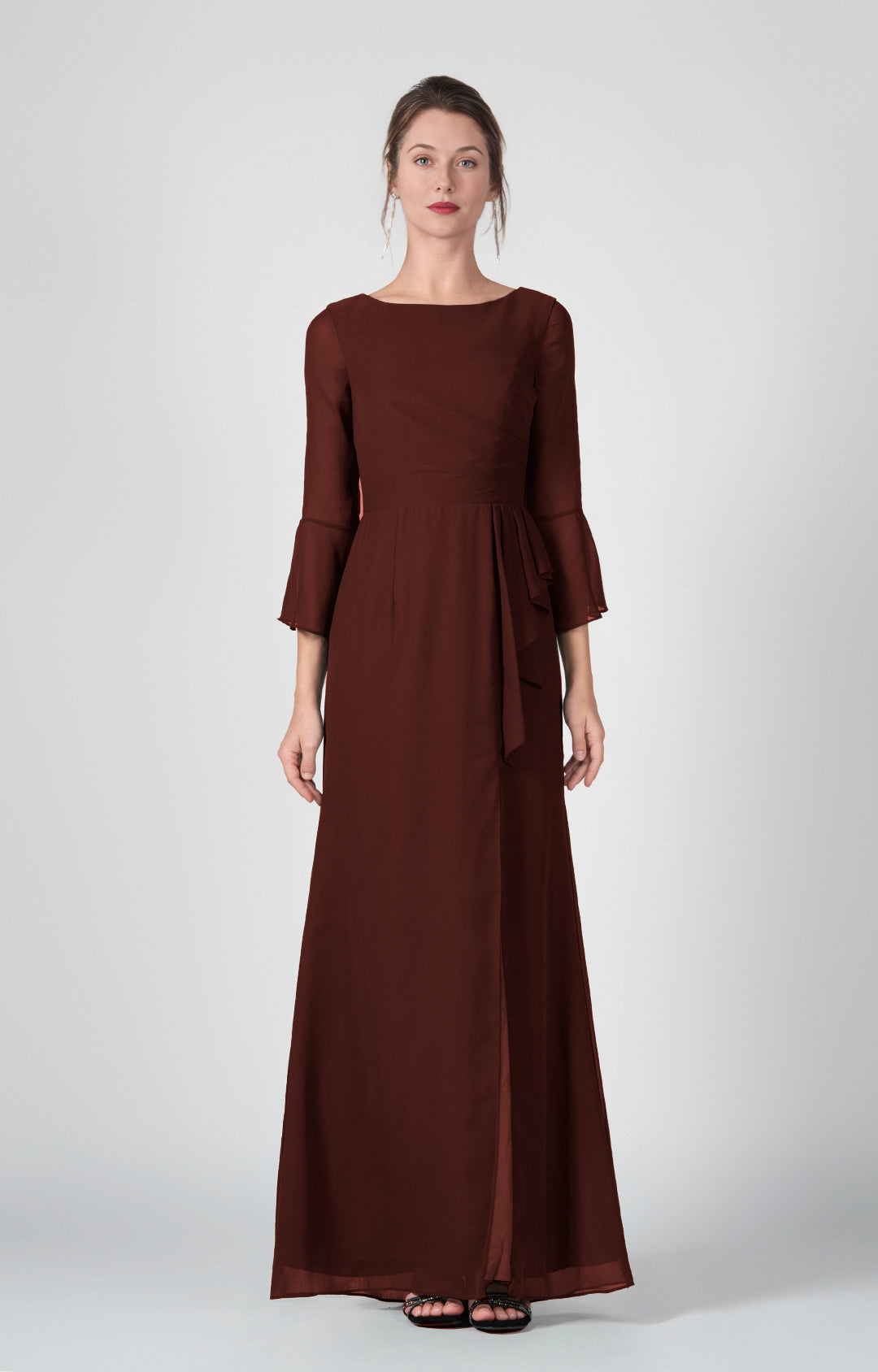 Elegant Sheath Boat Neck Bell Sleeve Open Back Floor-Length Bridesmaid Gown Formal Wedding Guest Dresses