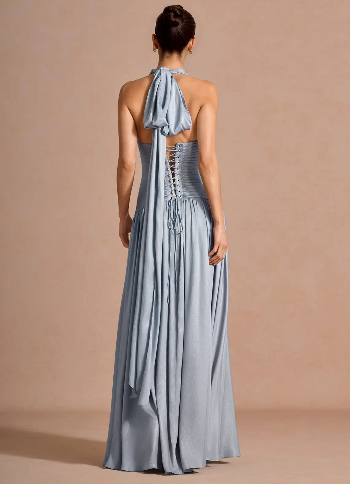 Elegant A-line Halter Sleeveless Maxi Lace-up Slit Formal Wedding Guest Dress