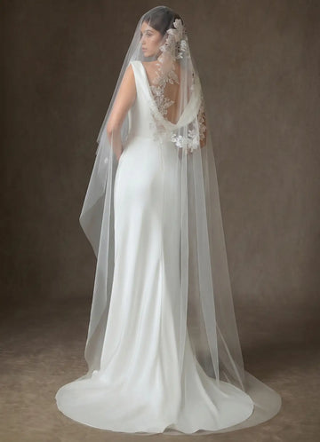 Romantic Sheer Tulle Floral Lace Two-Tier Chapel Bridal Wedding Veil