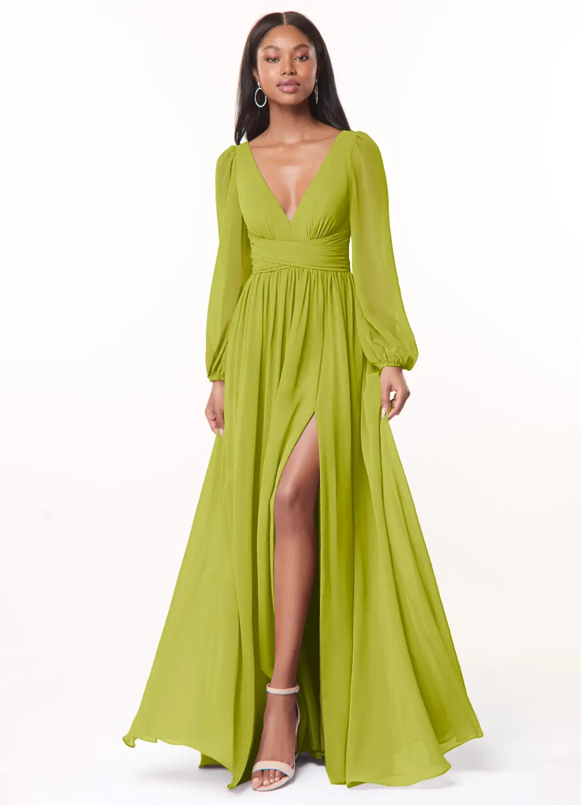 A-Line/Princess Chiffon Plunging Neck Long Sleeves Bridesmaid Dresses Wedding Guest Dresses With Slit