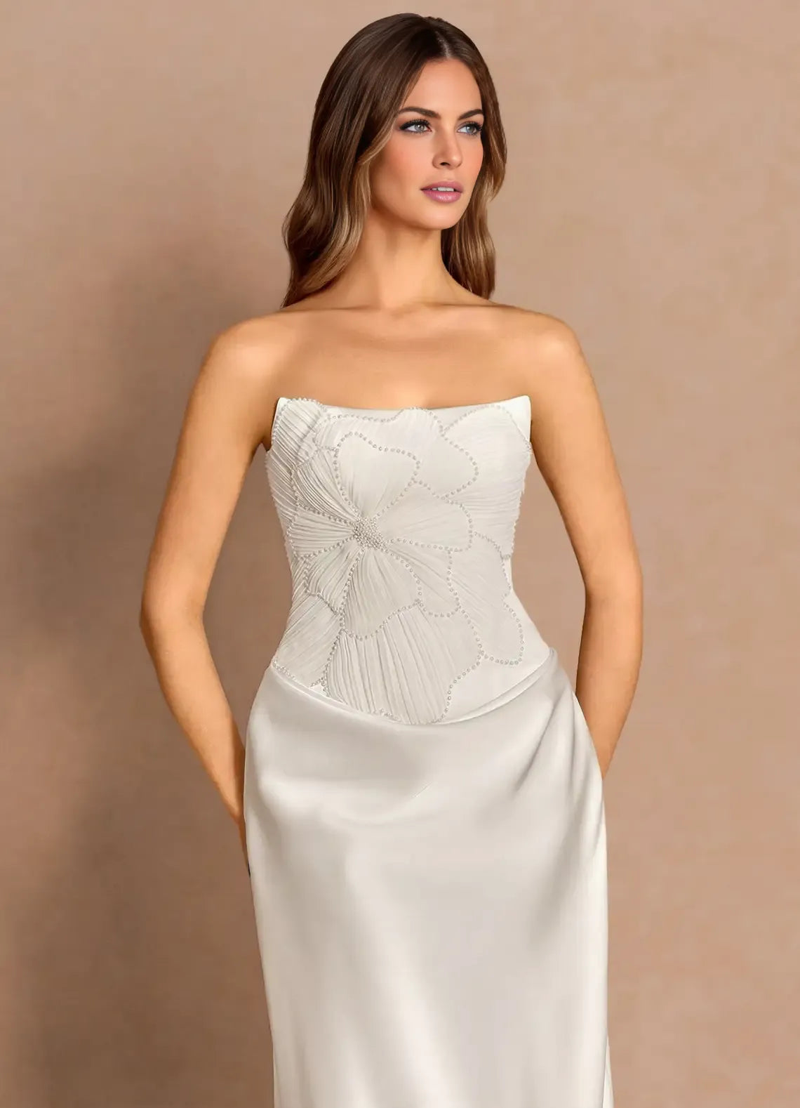 Luxury Sheath Strapless Sleeveless Satin Midi Cocktail Dress Lace-up Back Wedding Dress
