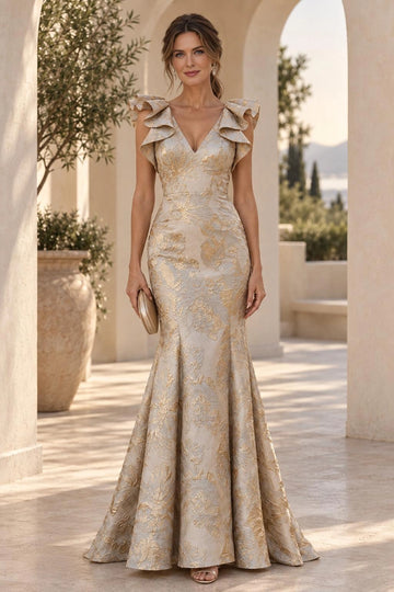 Champagne gold mermaid mother of the bride dress with V-neckline, layered ruffle cap sleeves, metallic floral pattern and floor-length flared skirt
