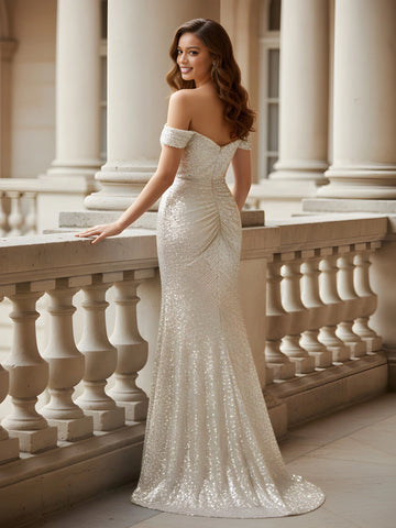 Champagne sequin floor-length prom dress with V-back and center zipper