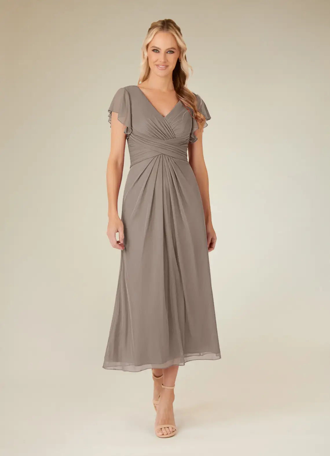 Charming A-line V-neck Flutter-sleeve Chiffon Midi-length Ruched Bodice Cocktail Dress