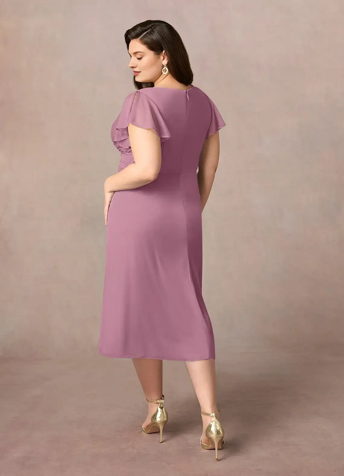 Charming A-line V-neck Flutter-sleeve Chiffon Midi-length Ruched Bodice Cocktail Dress