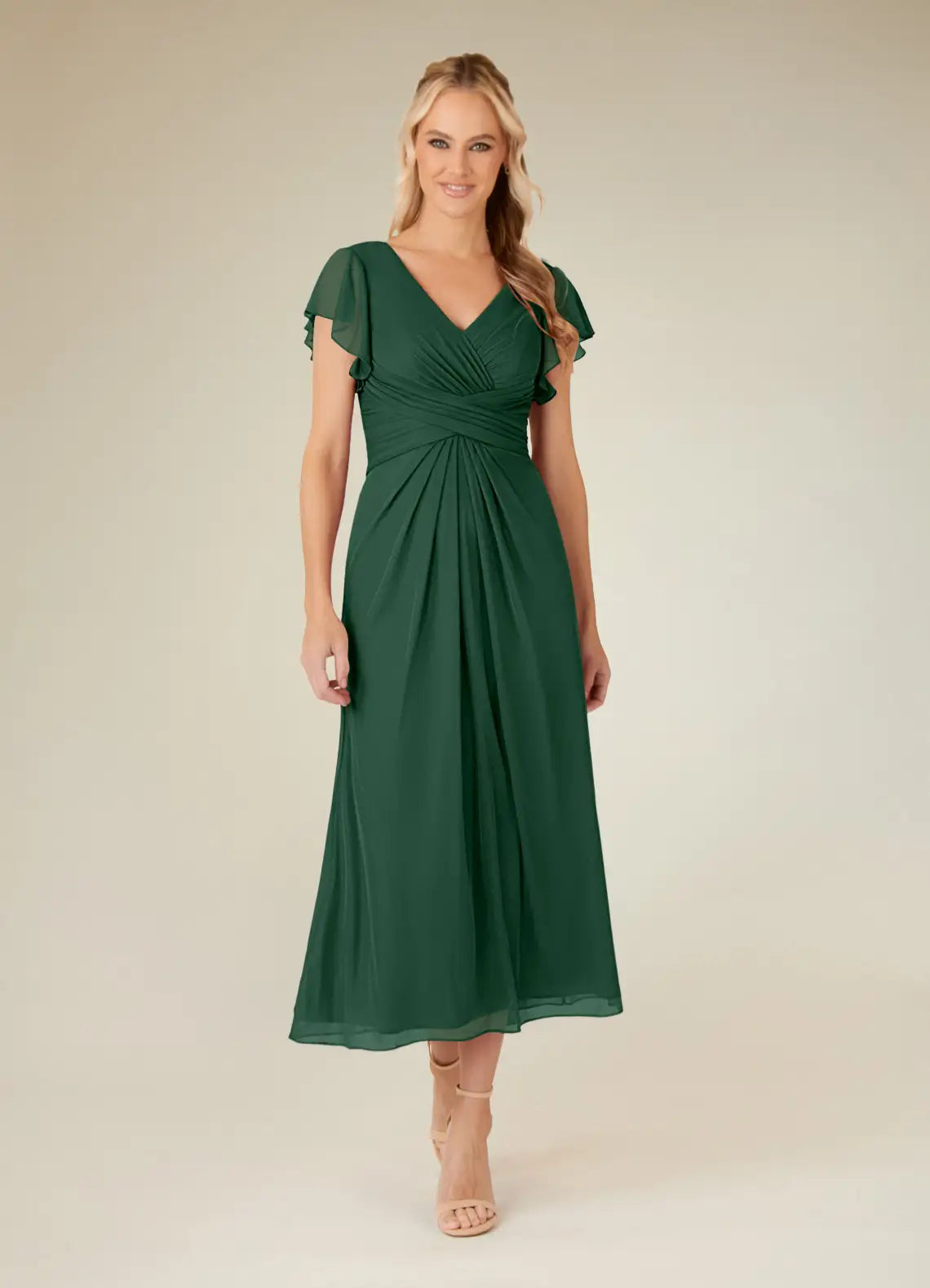 Charming A-line V-neck Flutter-sleeve Chiffon Midi-length Ruched Bodice Cocktail Dress