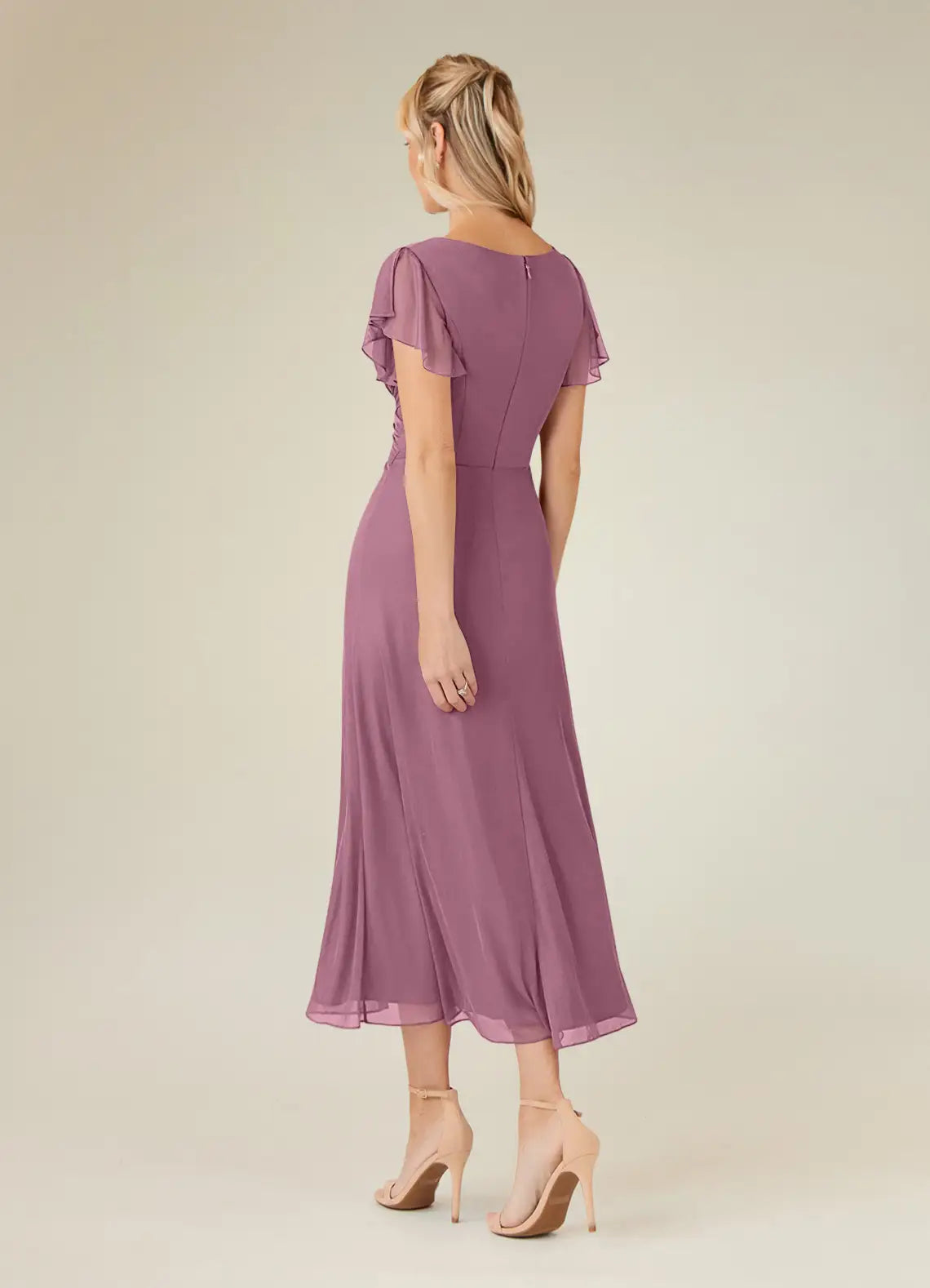 Charming A-line V-neck Flutter-sleeve Chiffon Midi-length Ruched Bodice Cocktail Dress