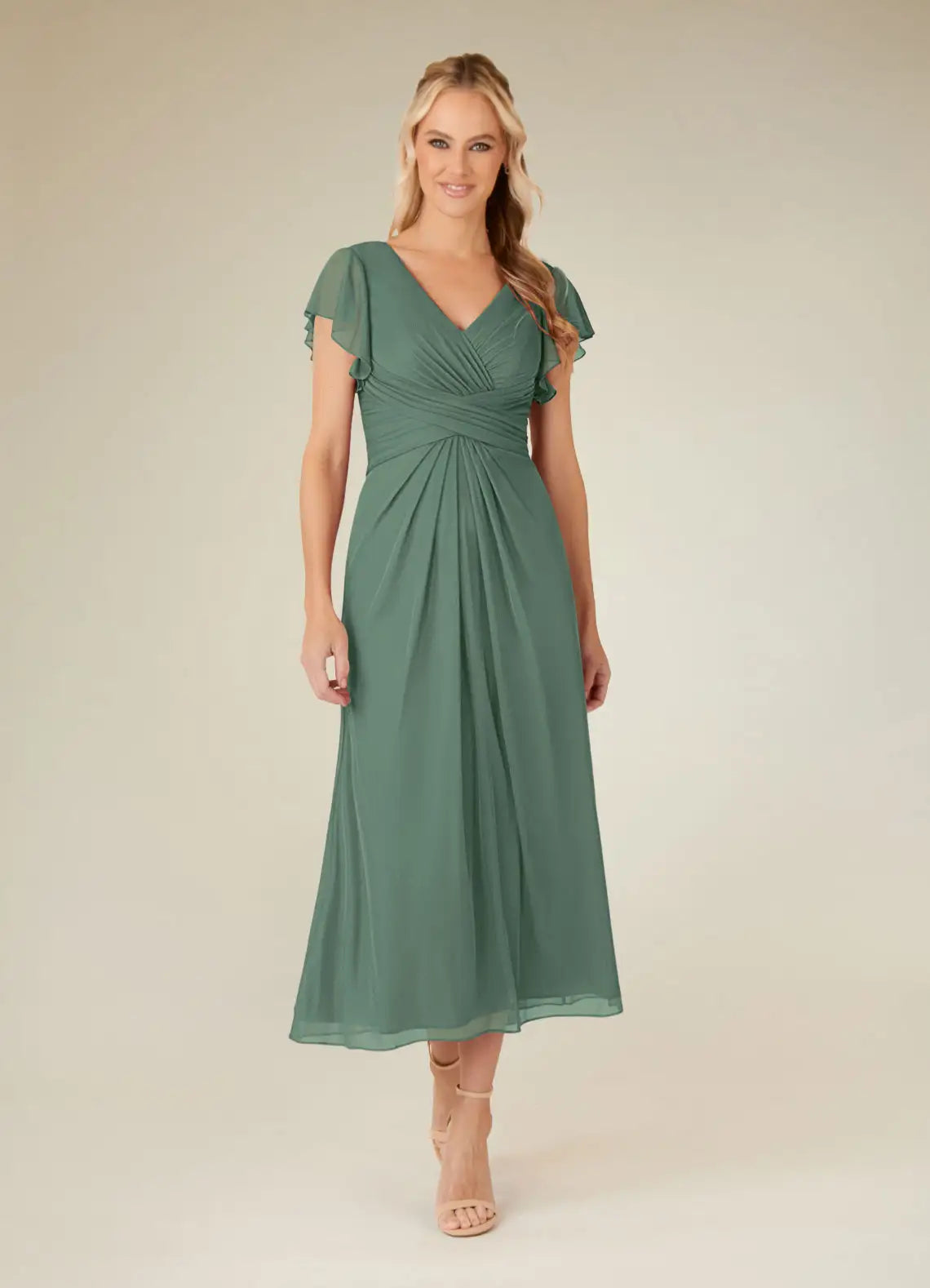 Charming A-line V-neck Flutter-sleeve Chiffon Midi-length Ruched Bodice Cocktail Dress