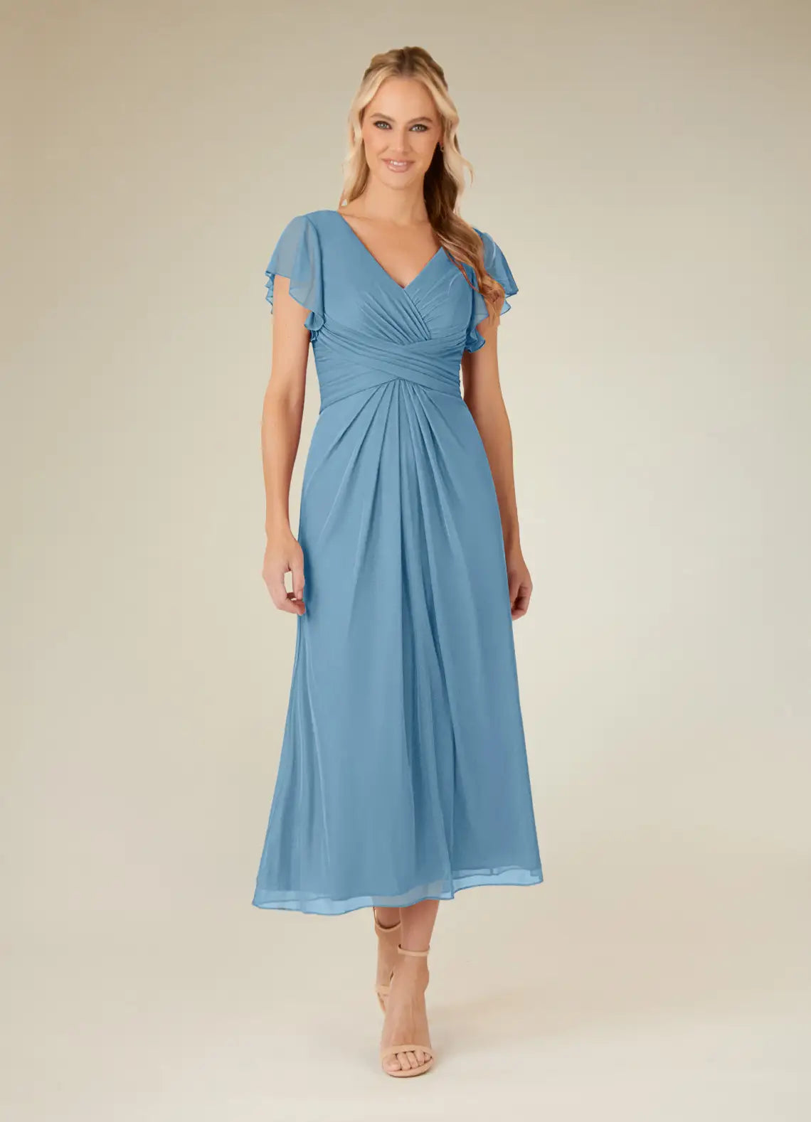 Charming A-line V-neck Flutter-sleeve Chiffon Midi-length Ruched Bodice Cocktail Dress