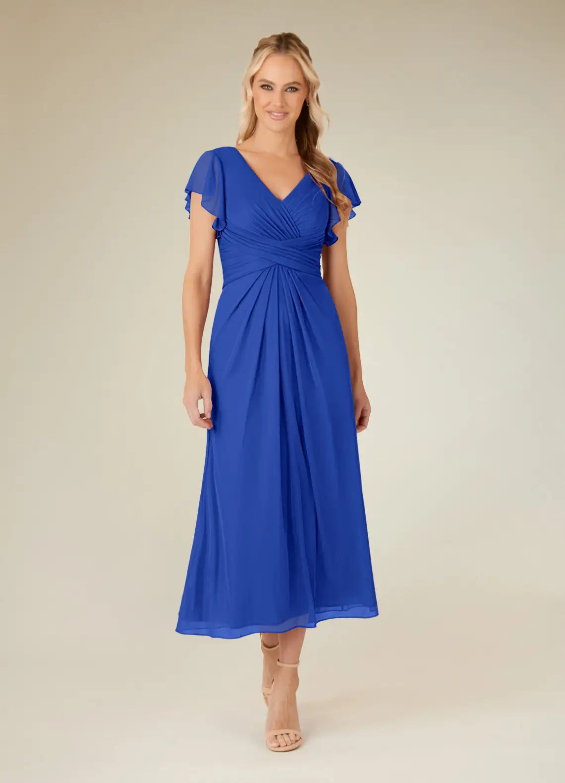 Charming A-line V-neck Flutter-sleeve Chiffon Midi-length Ruched Bodice Cocktail Dress