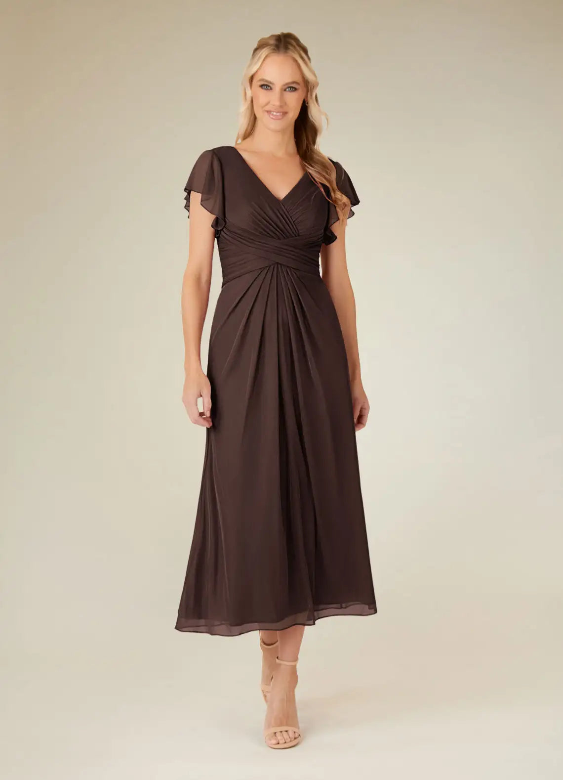Charming A-line V-neck Flutter-sleeve Chiffon Midi-length Ruched Bodice Cocktail Dress