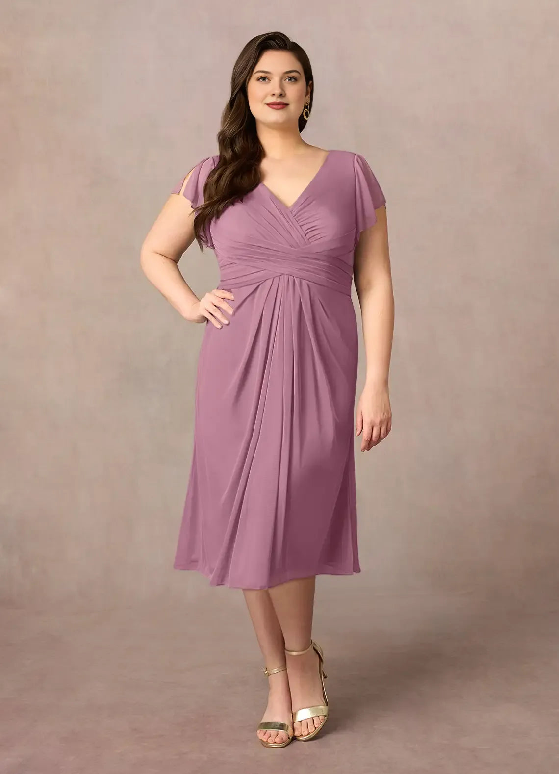 Charming A-line V-neck Flutter-sleeve Chiffon Midi-length Ruched Bodice Cocktail Dress