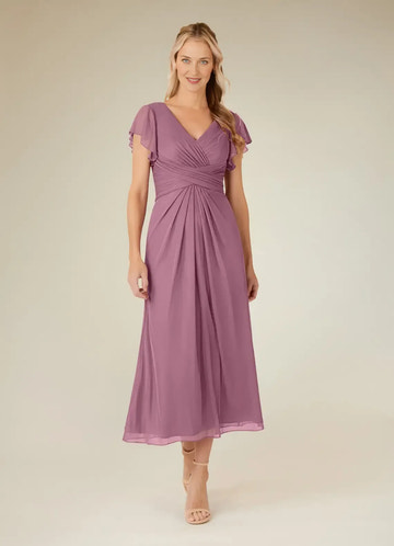 Charming A-line V-neck Flutter-sleeve Chiffon Midi-length Ruched Bodice Cocktail Dress