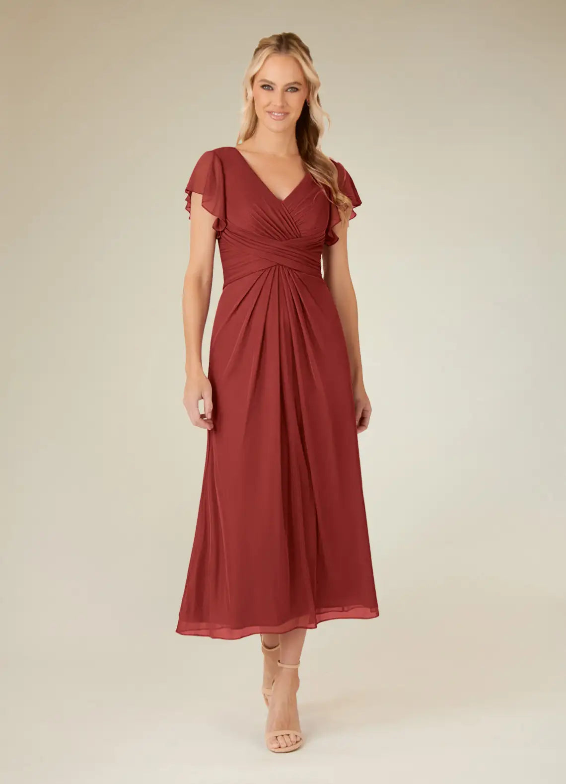 Charming A-line V-neck Flutter-sleeve Chiffon Midi-length Ruched Bodice Cocktail Dress