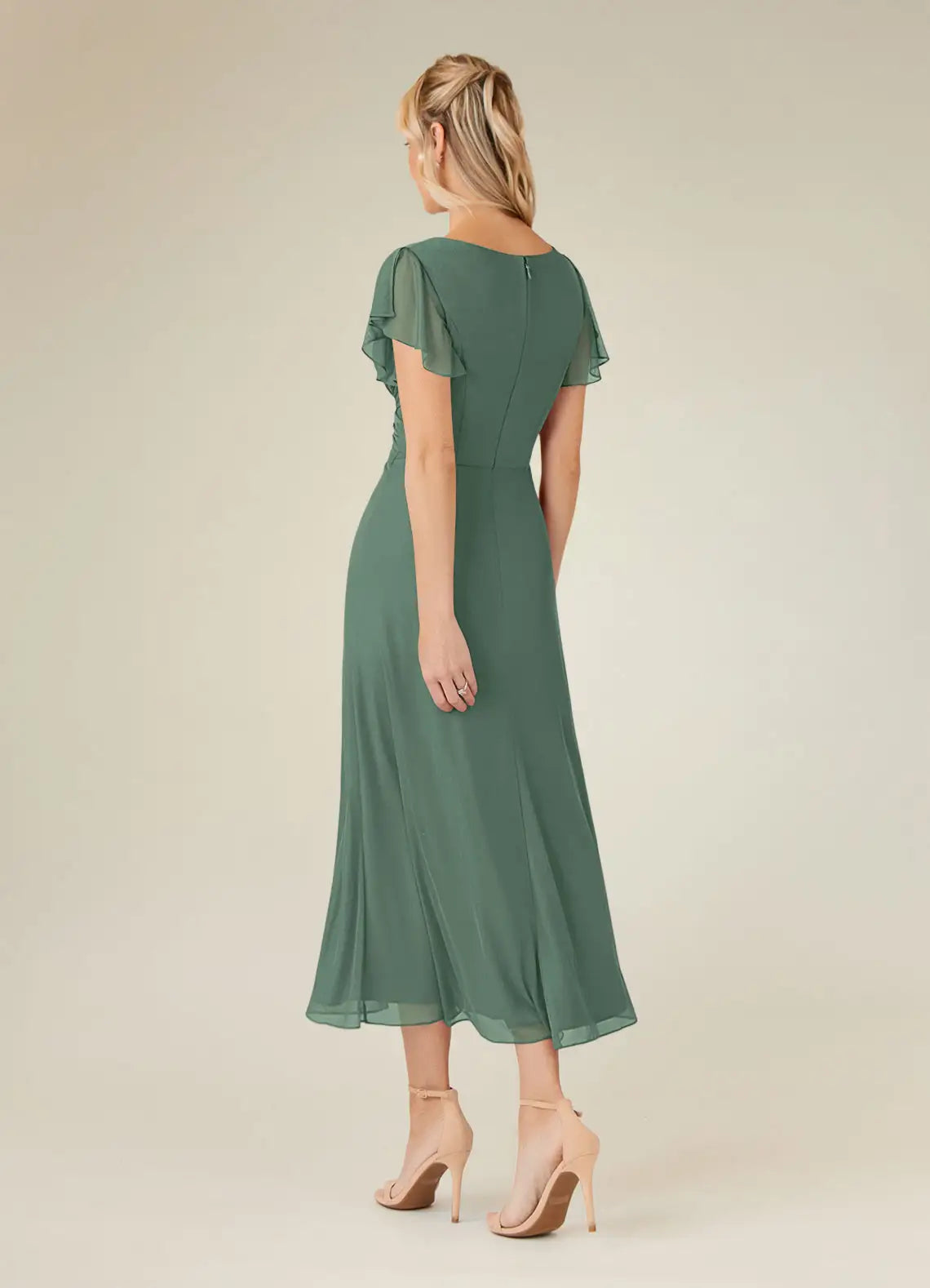Charming A-line V-neck Flutter-sleeve Chiffon Midi-length Ruched Bodice Cocktail Dress