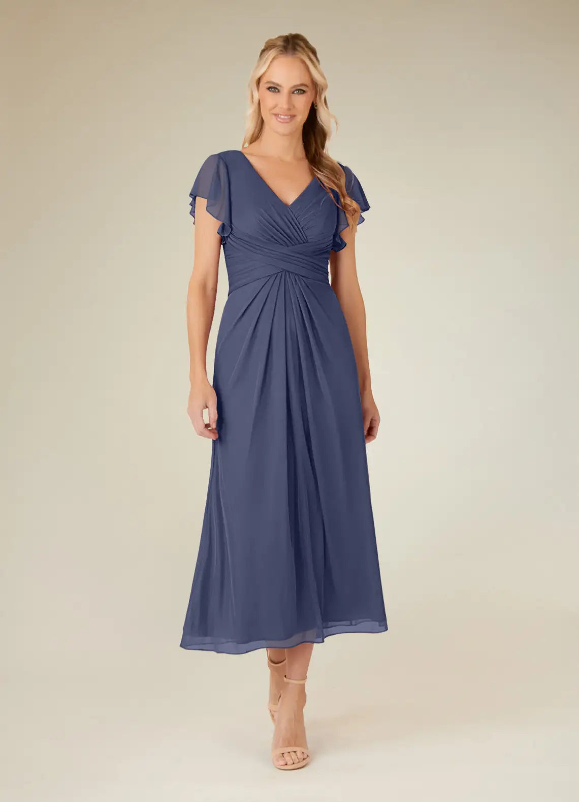 Charming A-line V-neck Flutter-sleeve Chiffon Midi-length Ruched Bodice Cocktail Dress