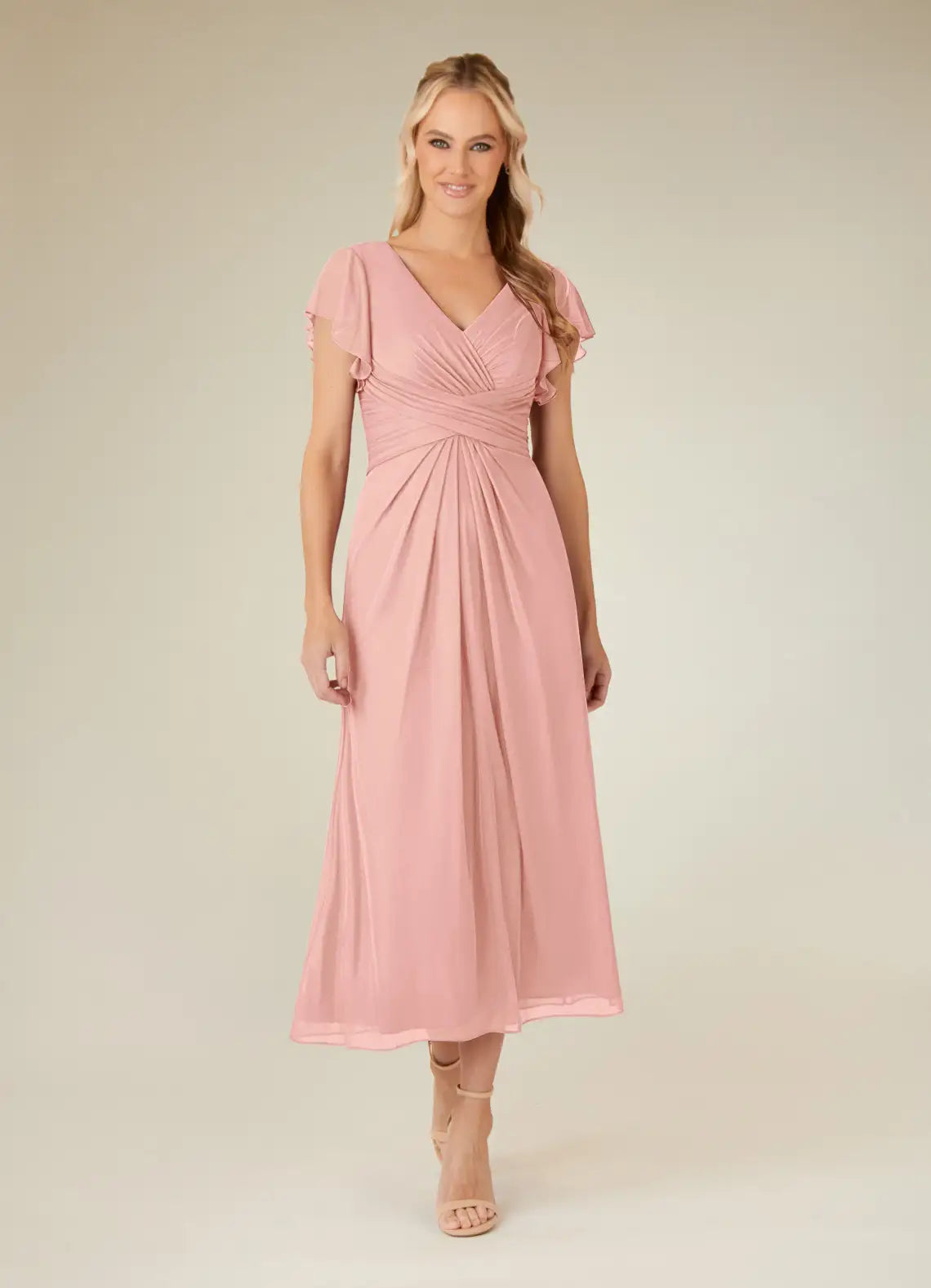 Charming A-line V-neck Flutter-sleeve Chiffon Midi-length Ruched Bodice Cocktail Dress