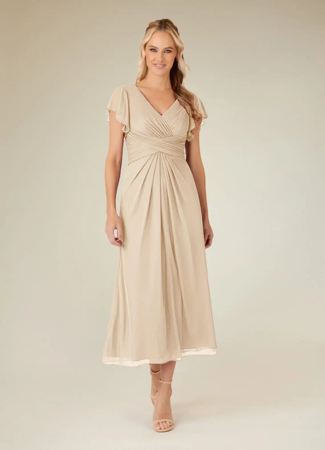 Charming A-line V-neck Flutter-sleeve Chiffon Midi-length Ruched Bodice Cocktail Dress