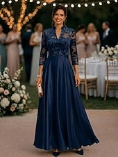 Vedress navy a-line satin mother of the bride dress high neck 3/4 lace sleeve outdoor wedding formal gown