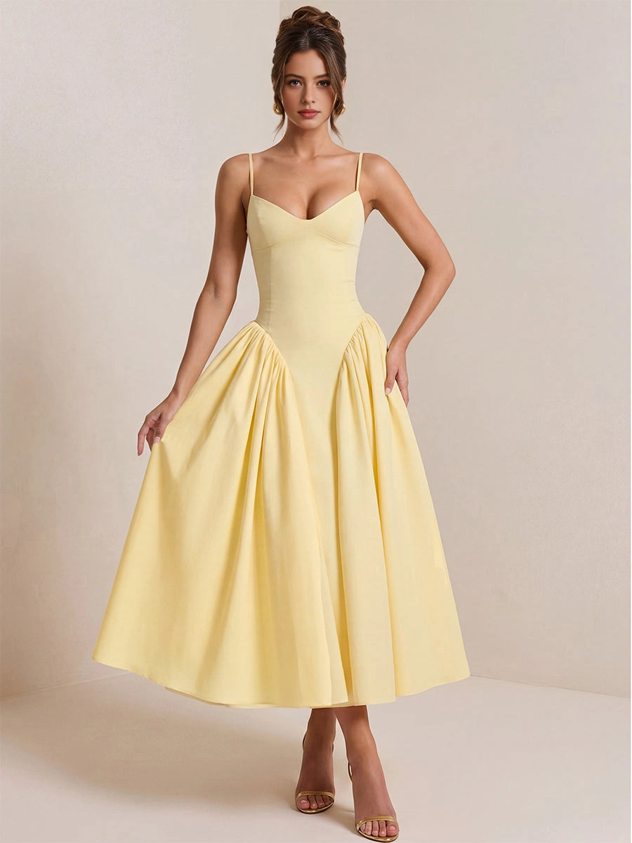 Vedress pale yellow midi prom dress,spaghetti straps,deep v‑neck,flared a‑line skirt