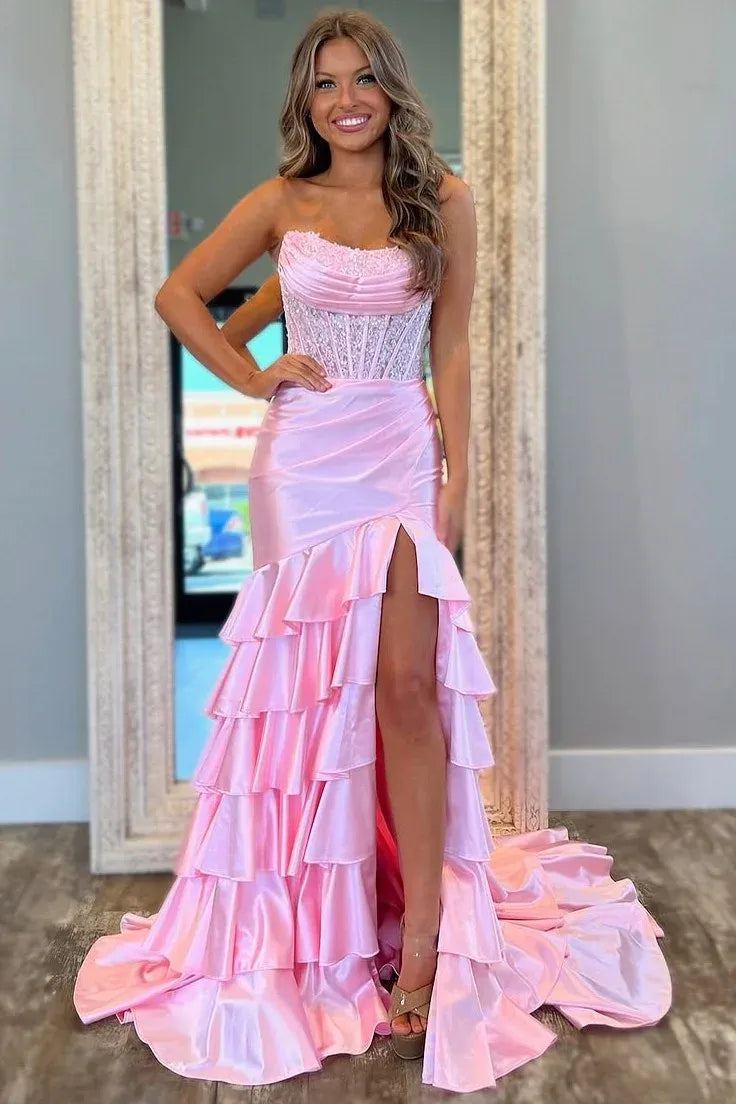 Chic Pink Satin Strapless Corset Tiered Ruffle Prom Gown