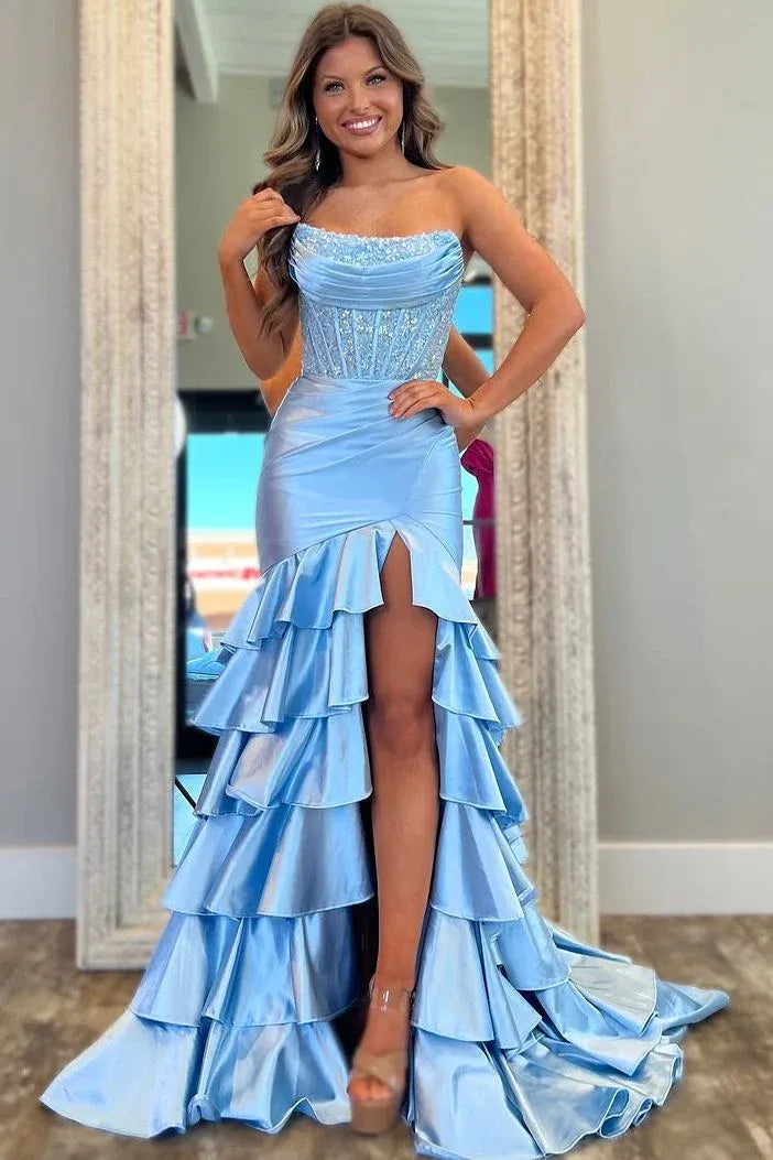 Chic Pink Satin Strapless Corset Tiered Ruffle Prom Gown