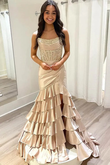 Chic Pink Satin Strapless Corset Tiered Ruffle Prom Gown