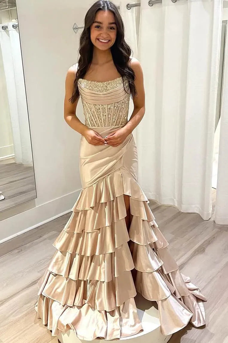 Chic Pink Satin Strapless Corset Tiered Ruffle Prom Gown