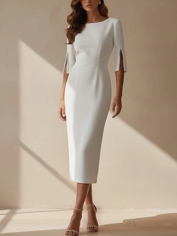 Vedress ivory sheath mother of the bride dress,boat neck,beaded split 3/4 sleeve,midi formal gown