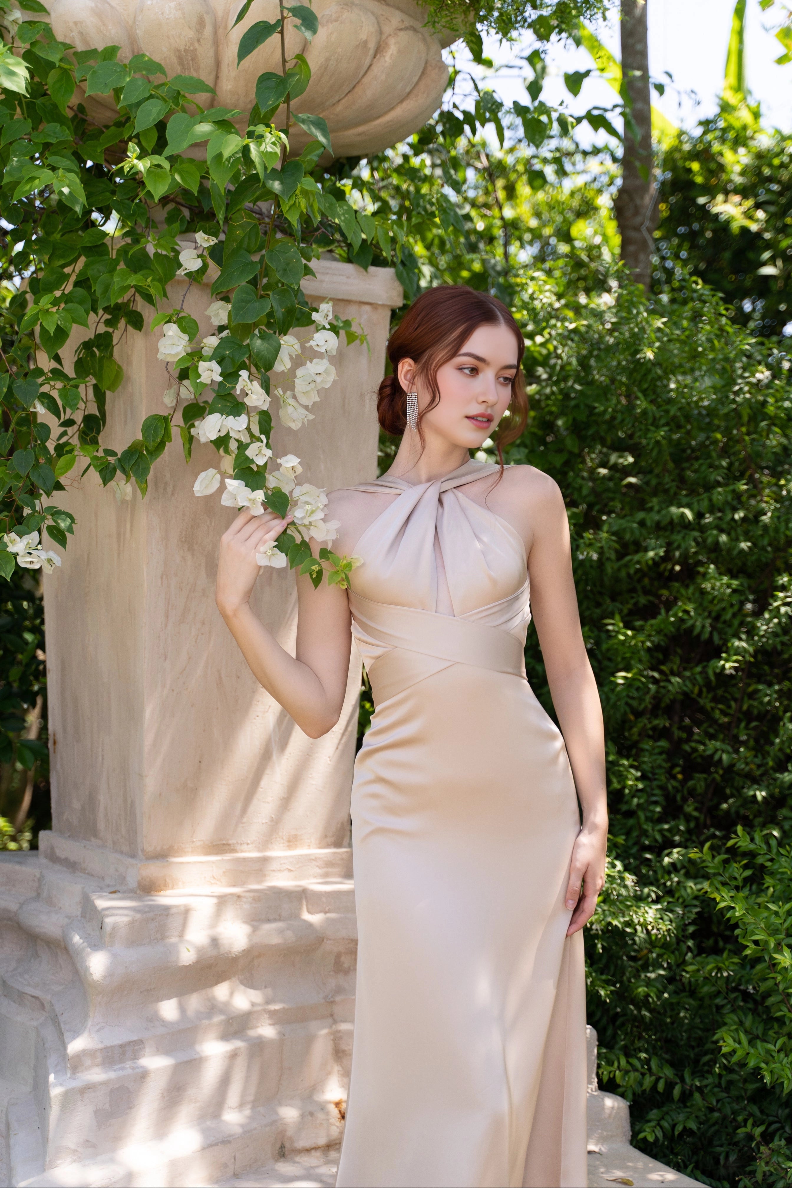 Vedress champagne satin bridesmaid dress halter twist neck for garden wedding