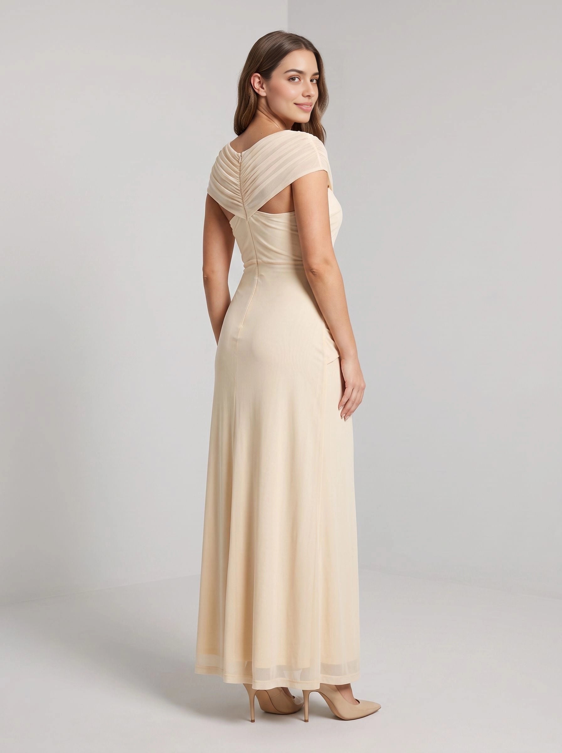 Champagne mermaid wedding guest dress off‑the‑shoulder short sleeve front mesh cutout ruched cut‑out back stretch mesh formal gown by Vedress