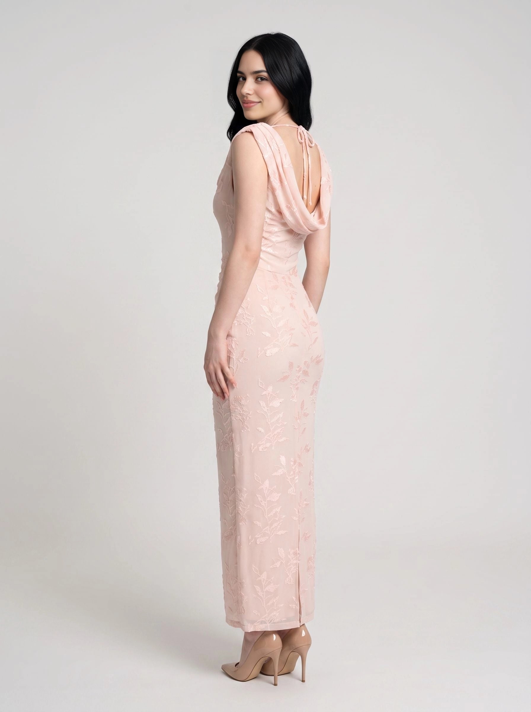 Blush pink fitted midi wedding guest dress cowl neck cap sleeve floral embroidery open tie‑back formal gown by Vedress