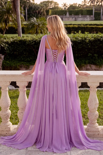 Back view of Roselledress lilac chiffon prom dress with embellished trim, a lace-up bodice and flowing floor-length shoulder drapes.
