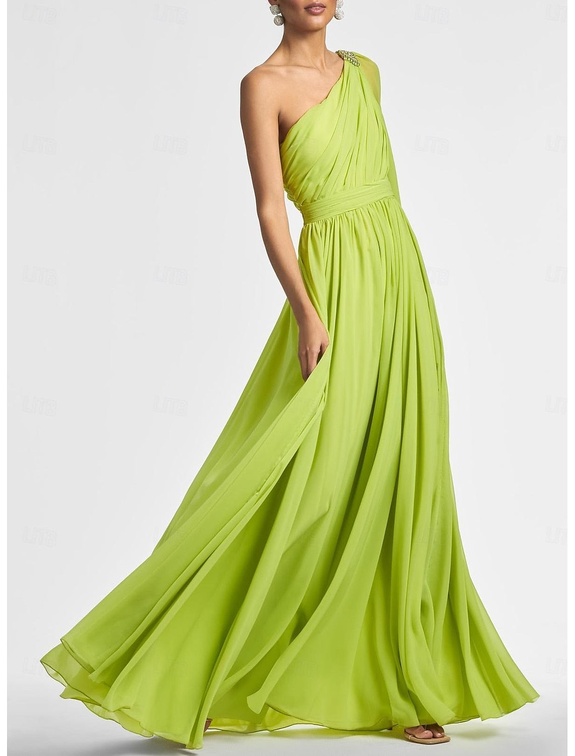 Radiant Lime Green A-Line One-Shoulder Long Sleeve Chiffon Pleated Bridesmaid Gown