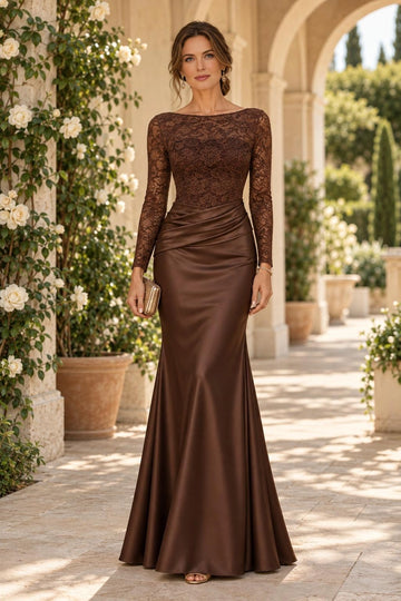 Chocolate brown mermaid mother of the bride dress with floral lace boat neck bodice, sheer long sleeves, ruched waist and floor-length satin-look skirt