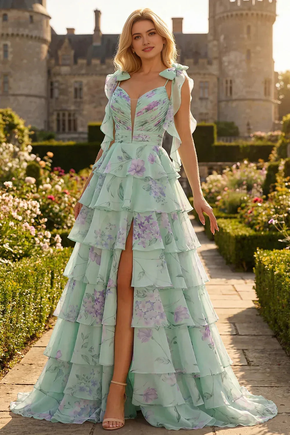 Vestido de fiesta largo hasta el suelo con cuello de corazón, hombros descubiertos, volantes, corte A y estampado floral