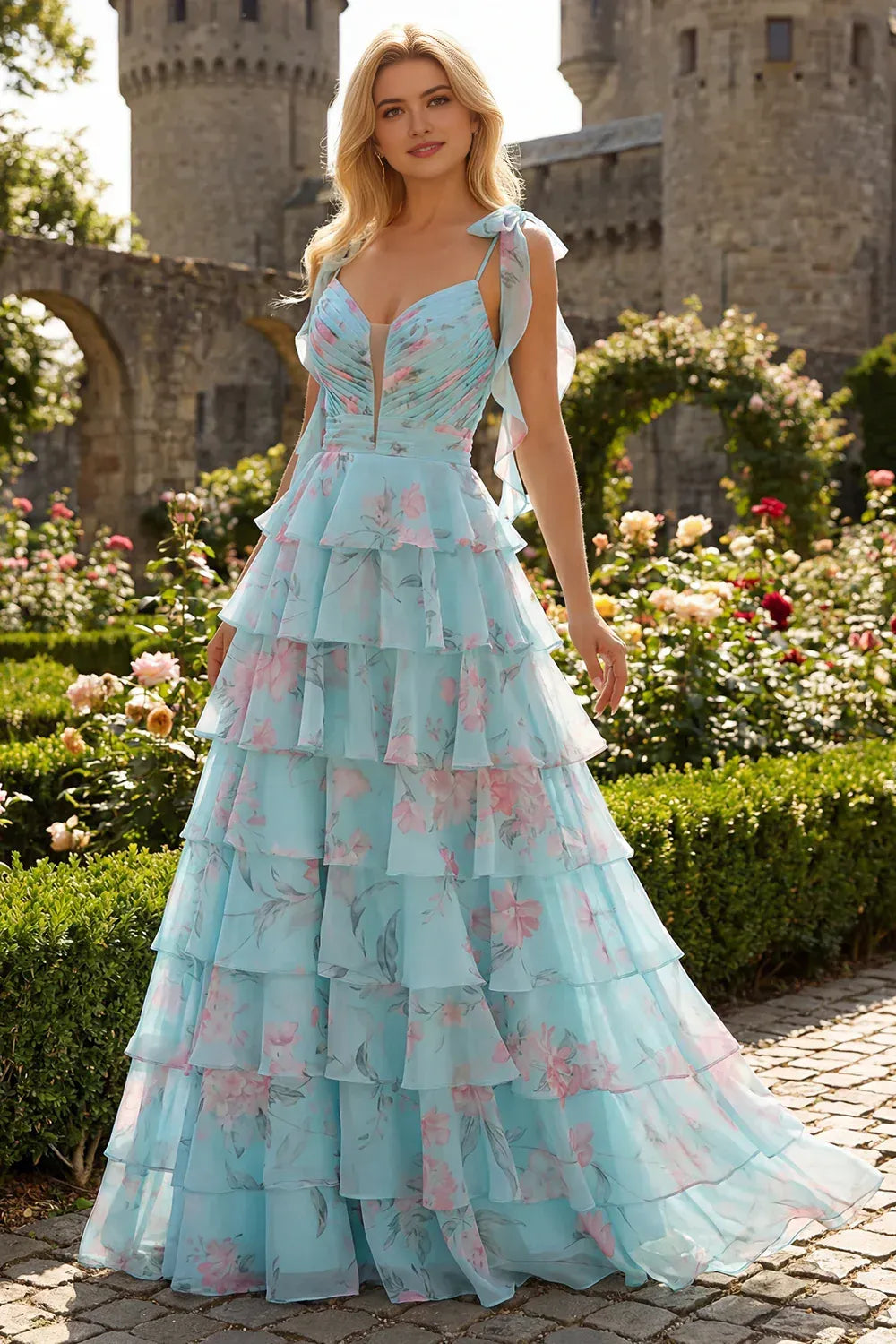 Vestido de fiesta largo hasta el suelo con cuello de corazón, hombros descubiertos, volantes, corte A y estampado floral
