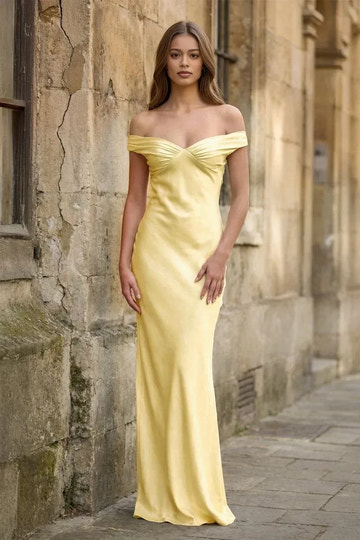 Elegant Column Off-the-Shoulder Satin Floor Length Bridesmaid Gown Long Prom Dress