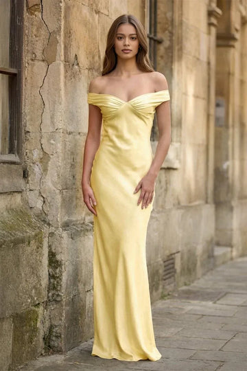Elegant Column Off-the-Shoulder Satin Floor Length Bridesmaid Gown Long Prom Dress
