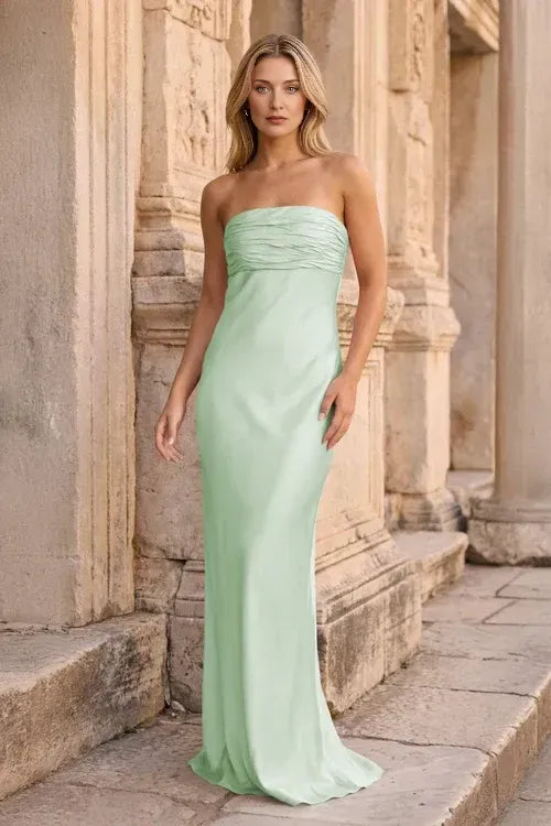 Elegant Column Strapless Ruched Satin Floor Length Formal Bridesmaid Gown
