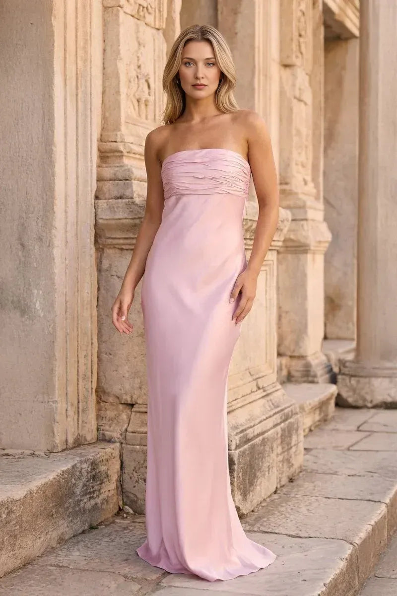 Elegant Column Strapless Ruched Satin Floor Length Formal Bridesmaid Gown
